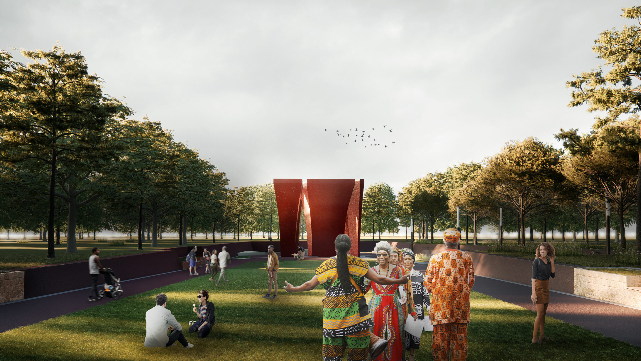 architectural rendering of a proposed african american memorial, field lined with trees, people communing