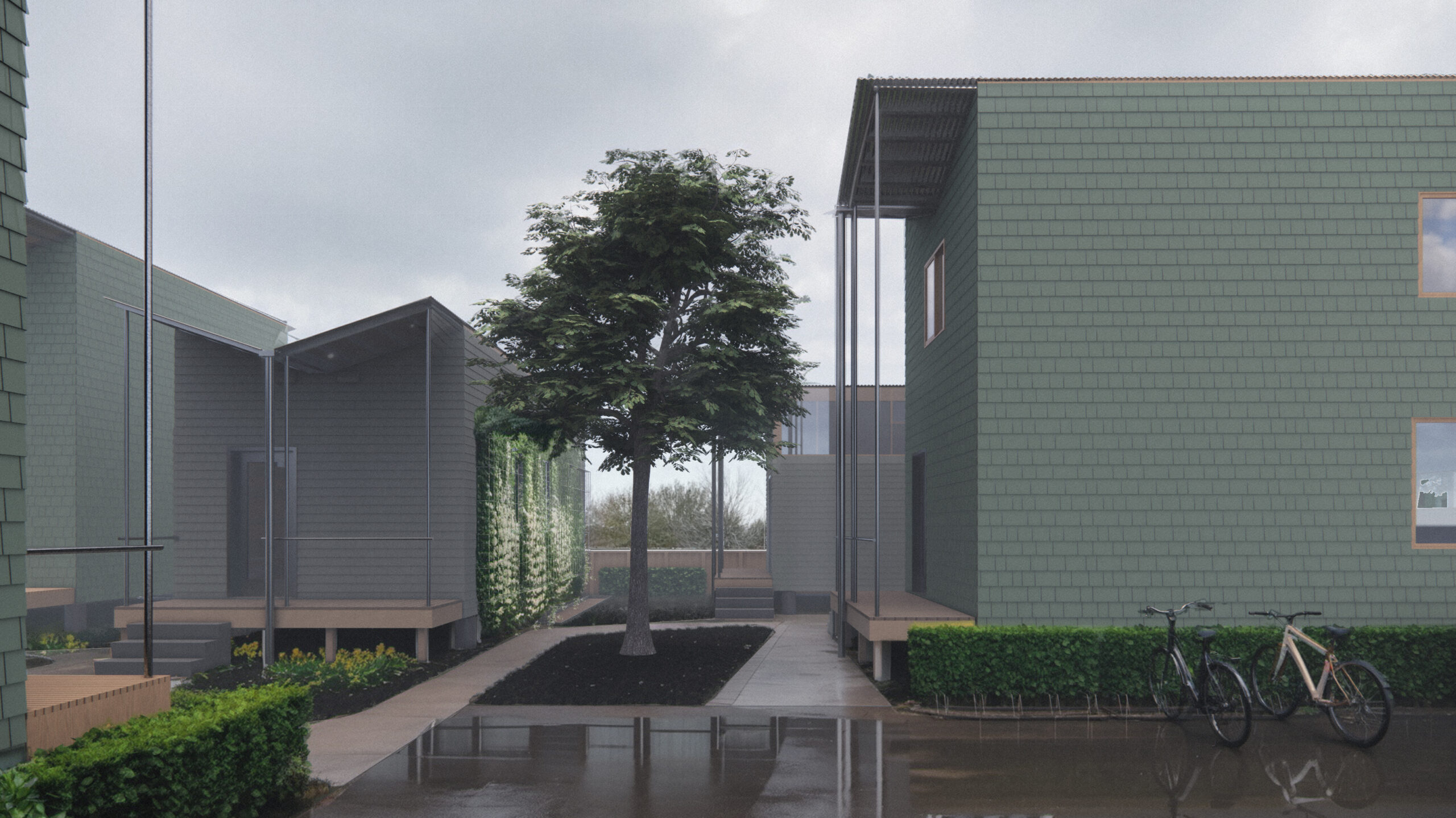 architectural rendering of green brick house courtyard on a rainy day