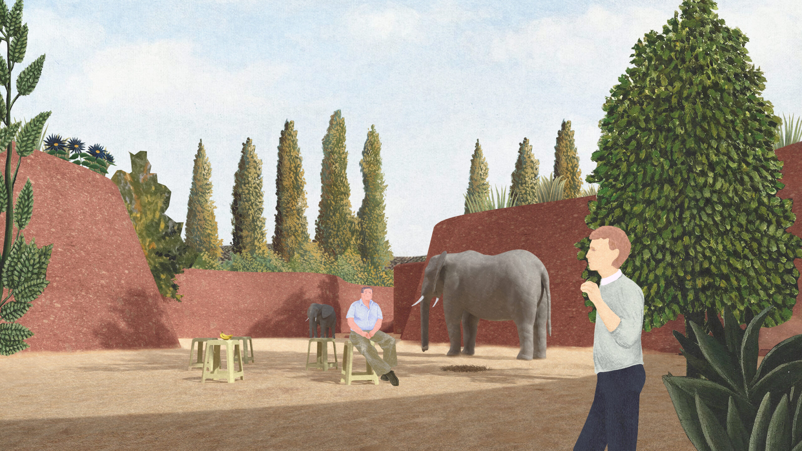 architectural rendering of a red wall with elephant and people inside