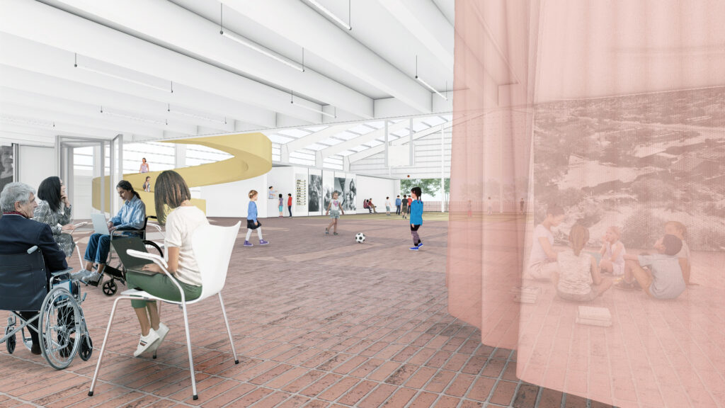 architectural rendering of a community center with people gathering, a sheer red curtain revealing children reading, children playing soccer